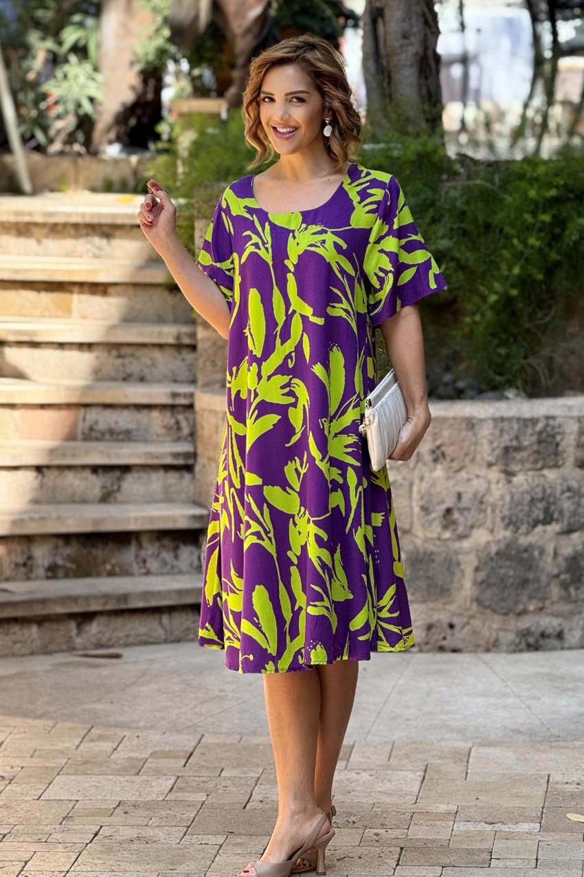 Mor Gardenya Kayık Yaka %100 Pamuk Viskon Elbise