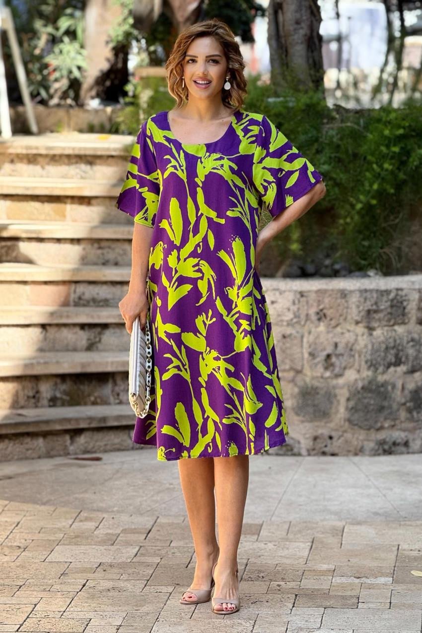 Mor Gardenya Kayık Yaka %100 Pamuk Viskon Elbise