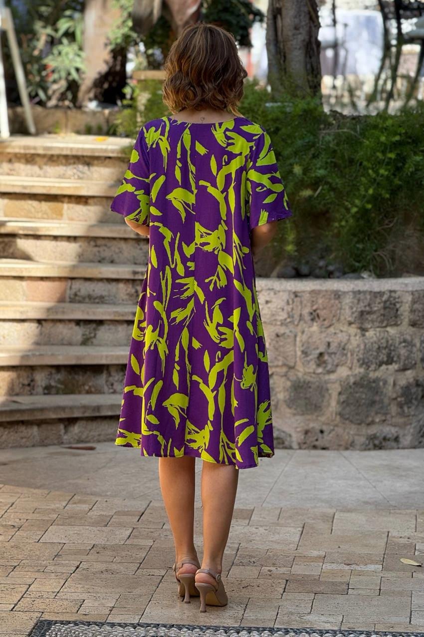 Mor Gardenya Kayık Yaka %100 Pamuk Viskon Elbise