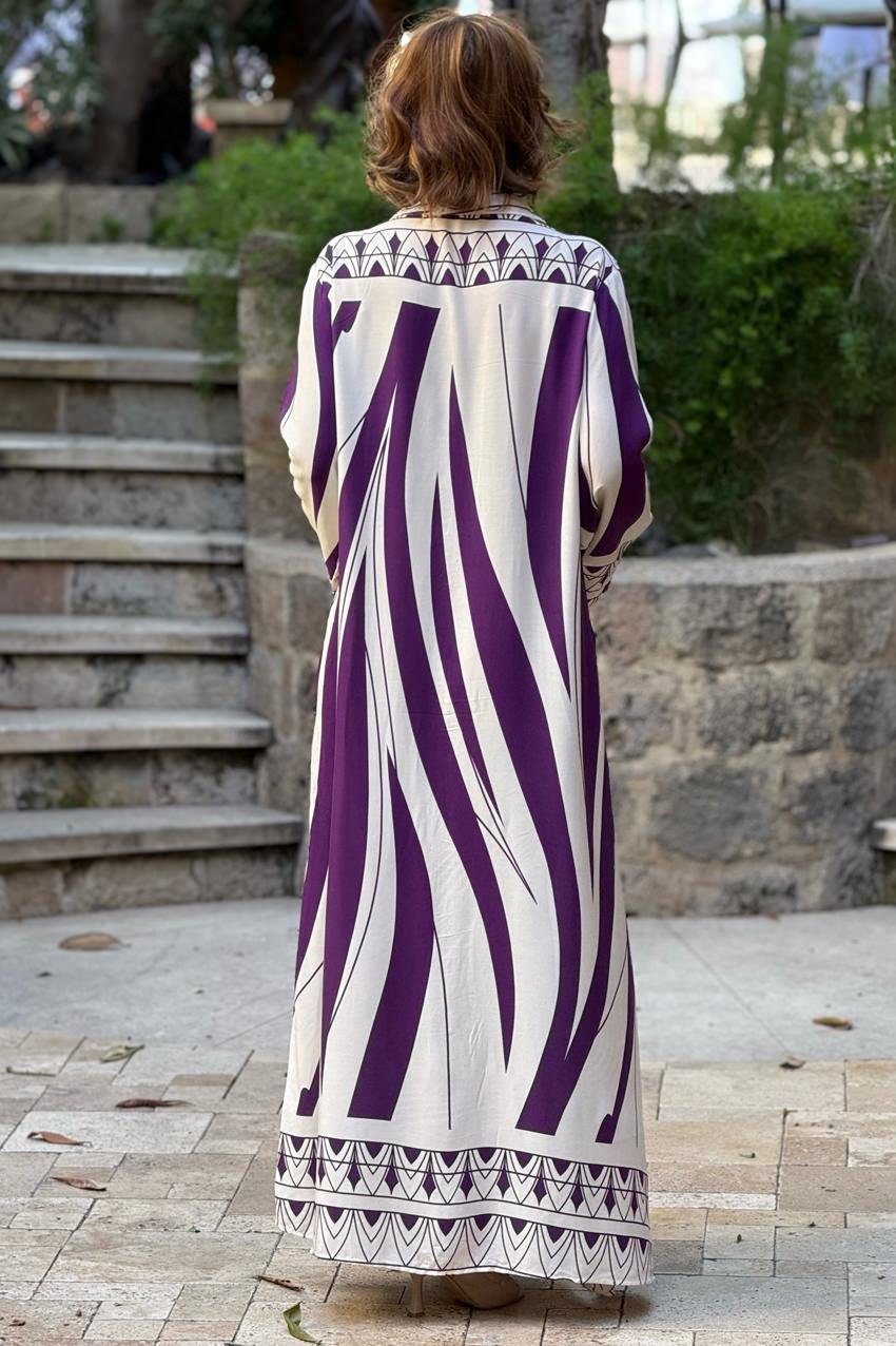 Mor Geometrik Desenli %100 Pamuk Viskon Gömlek Elbise