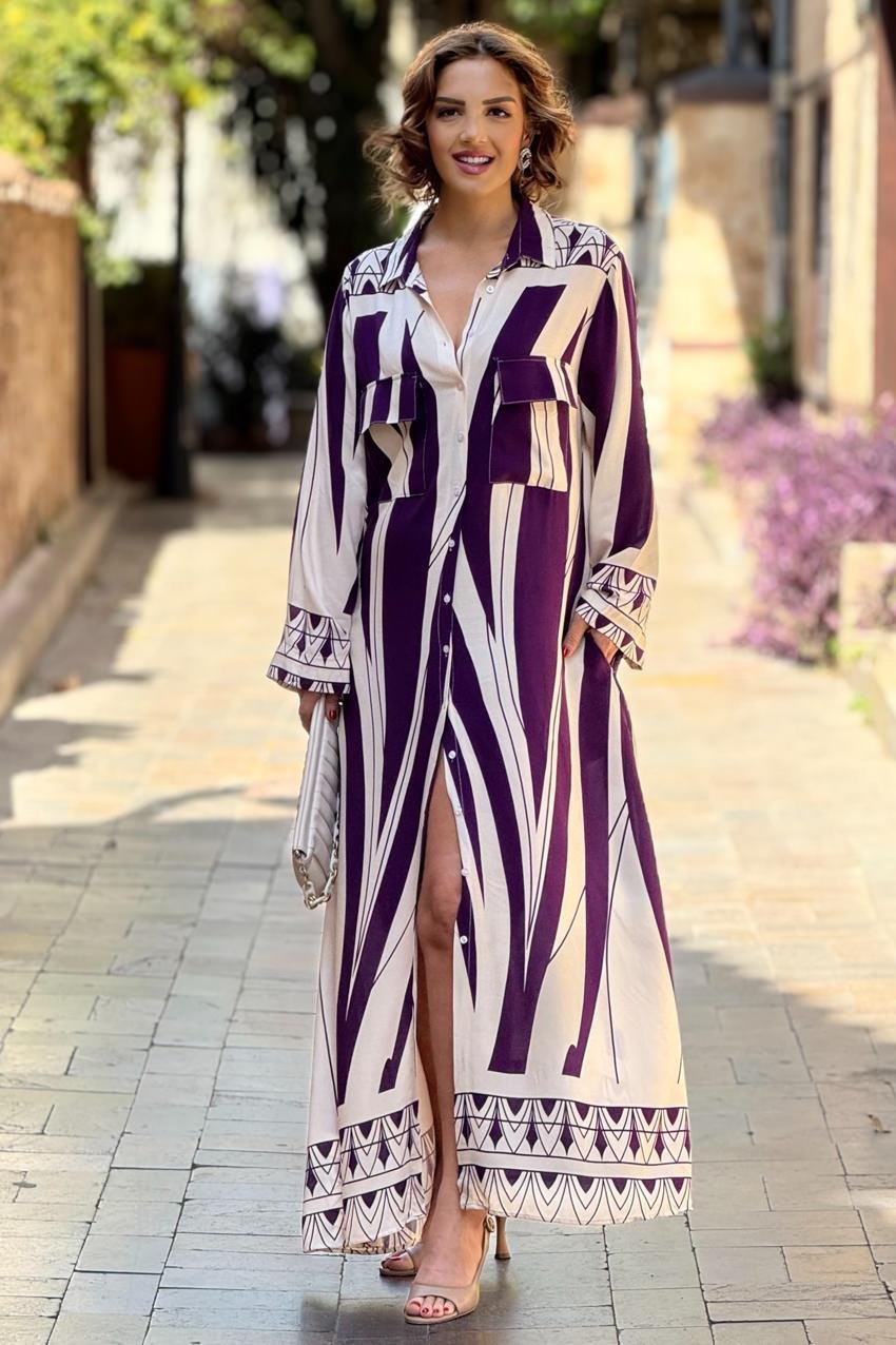 Mor Geometrik Desenli %100 Pamuk Viskon Gömlek Elbise