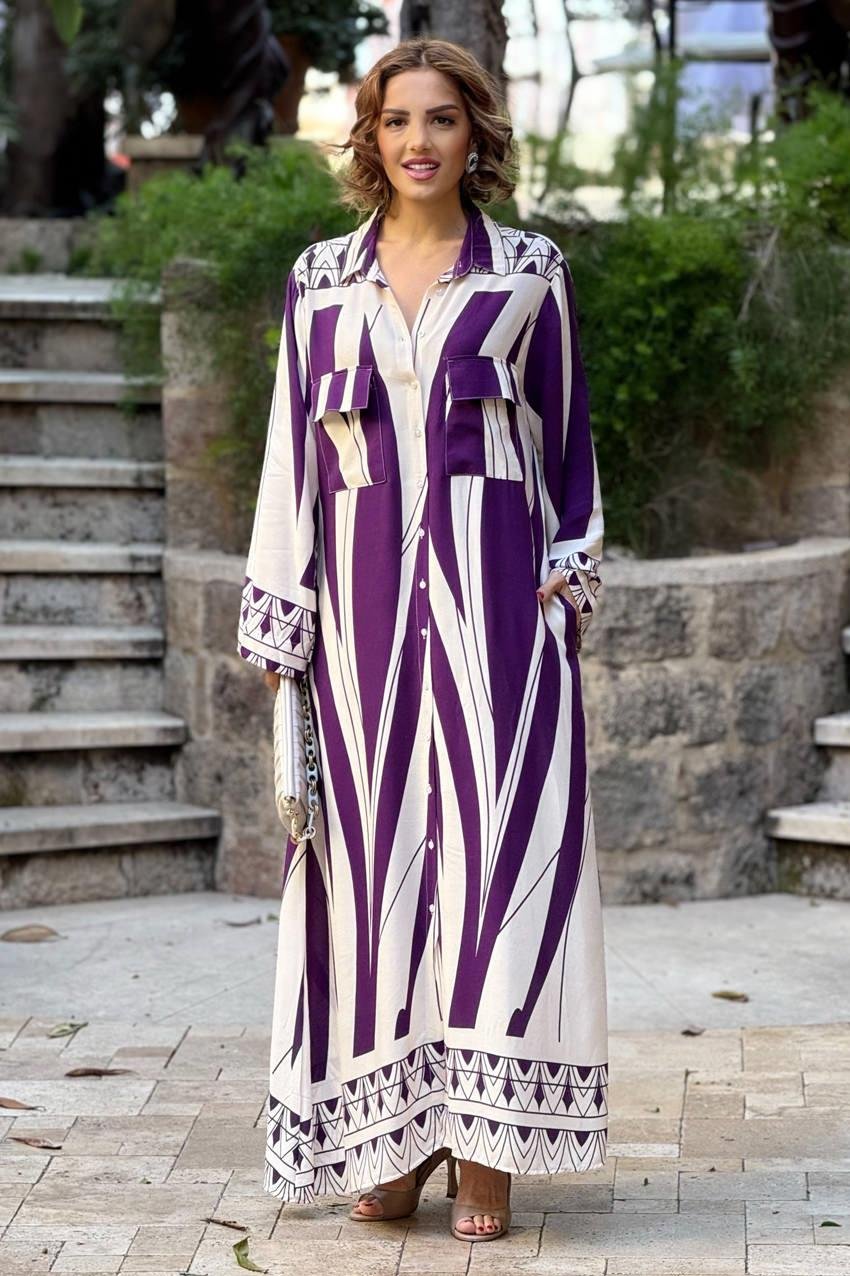 Mor Geometrik Desenli %100 Pamuk Viskon Gömlek Elbise