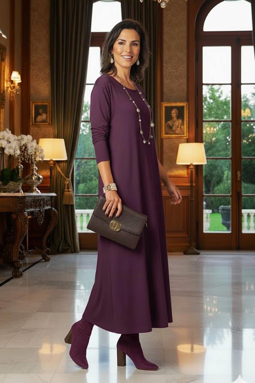 Mor Gizli Cepli İnce Gösteren Tok Penye Elbise