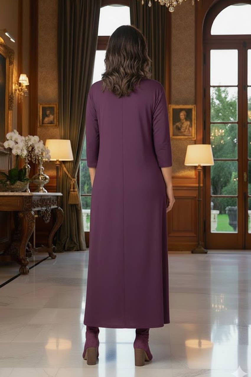 Mor Gizli Cepli İnce Gösteren Tok Penye Elbise