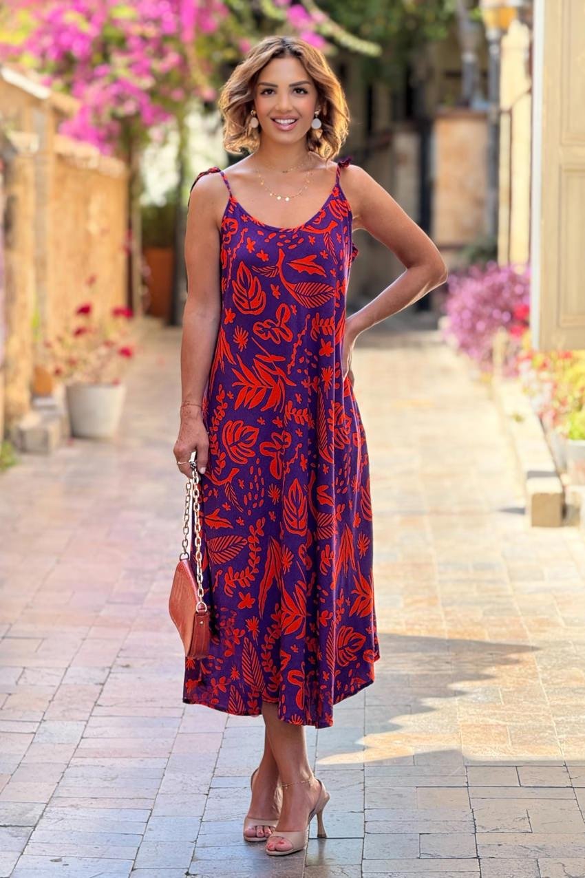 Mor Hitit Desenli Omuzları Bağlamalı Askılı Elbise