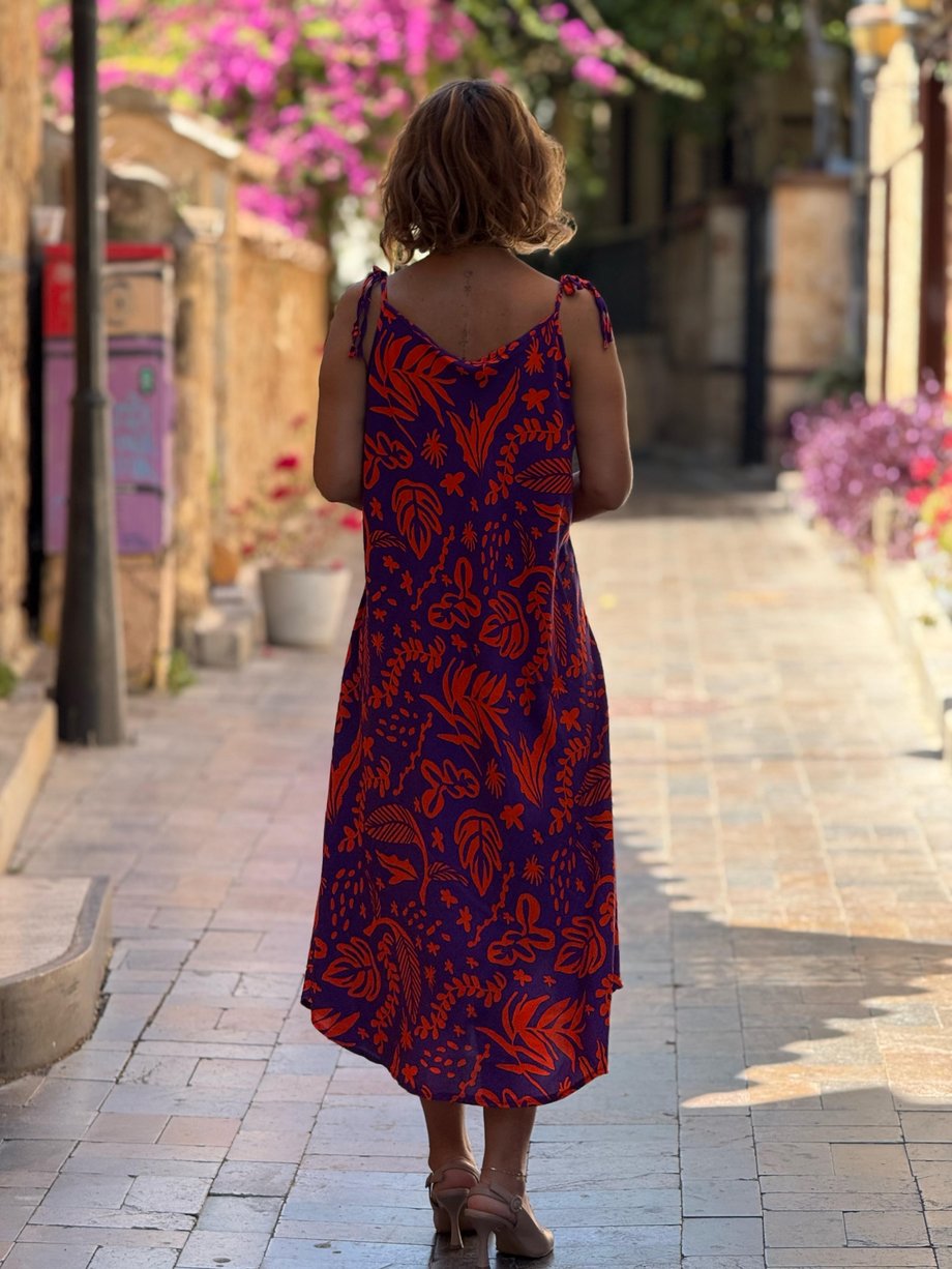 Mor Hitit Desenli Omuzları Bağlamalı Askılı Elbise