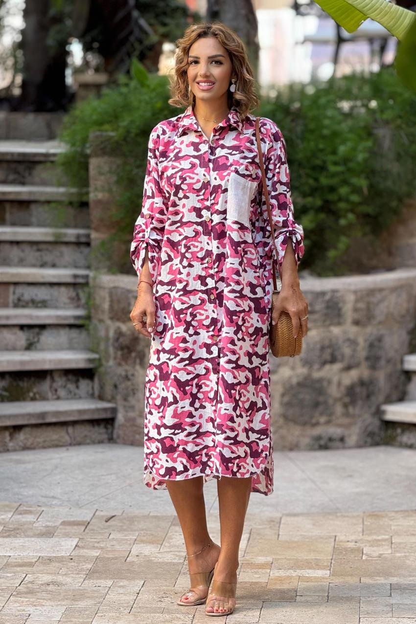 Mor Kamuflaj Gömlek Elbise %100 Pamuk