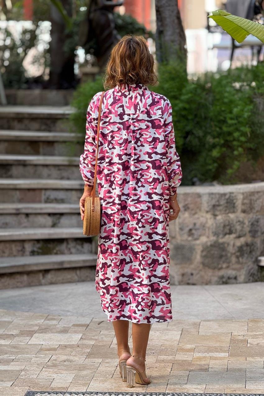 Mor Kamuflaj Gömlek Elbise %100 Pamuk