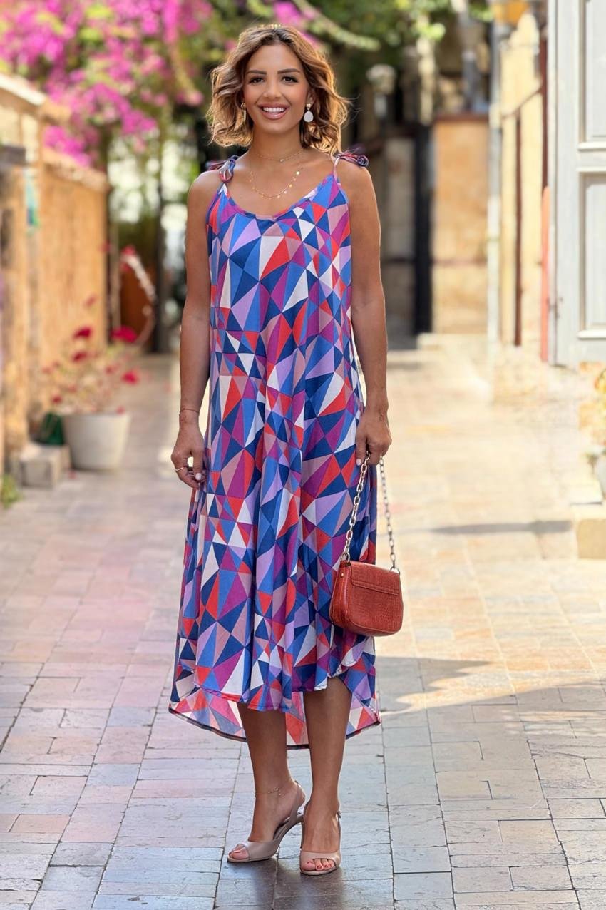 Mor Mozaik Desenli Omuzları Bağlamalı Askılı Elbise