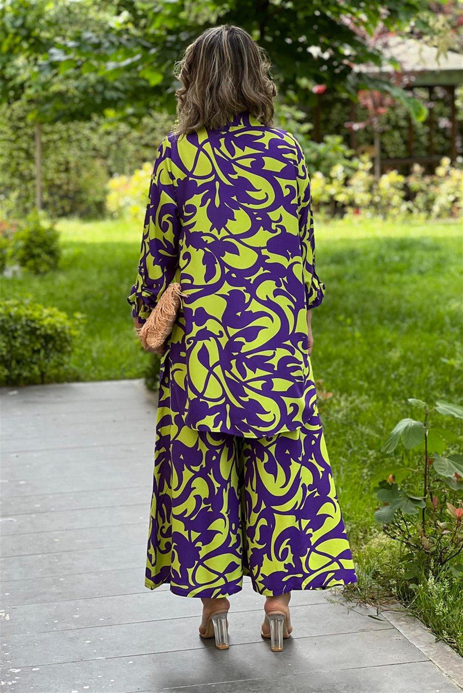 Mor Renk Bahama Desen Pantolon Gömlek İkili Takım