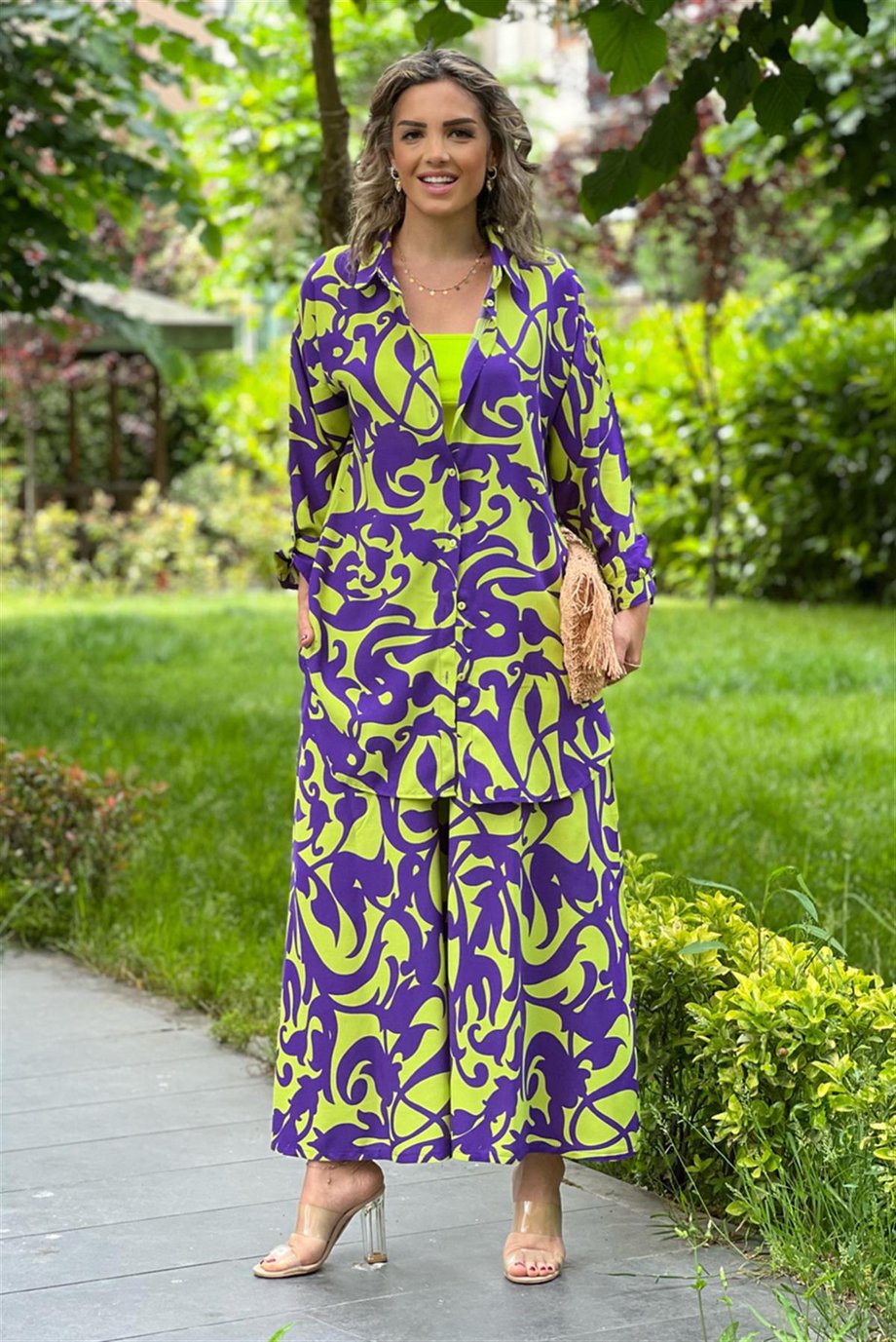 Mor Renk Bahama Desen Pantolon Gömlek İkili Takım