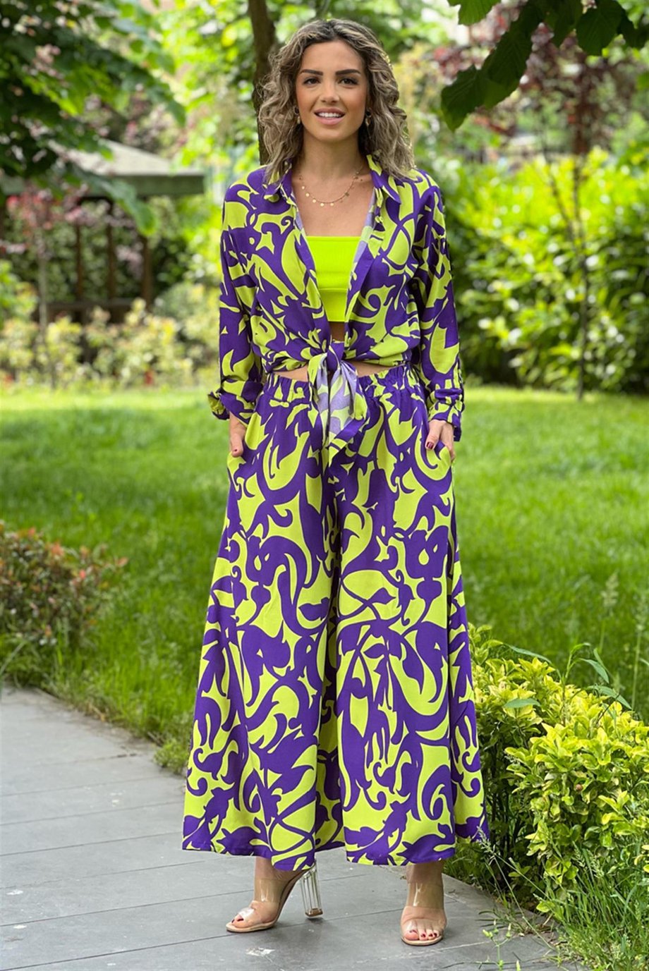 Mor Renk Bahama Desen Pantolon Gömlek İkili Takım