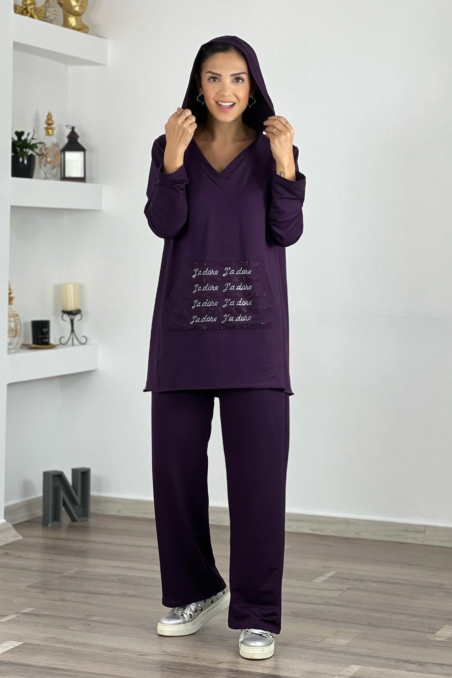 Mor Renk Jadore Taşlı Eşofman Takım