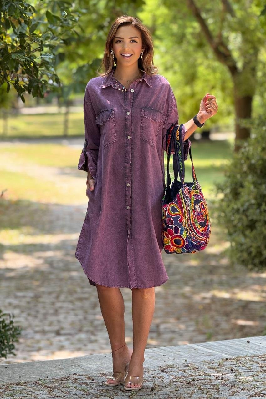 Mor Renk Yazlık Tiril Tiril İnce Kot Elbise