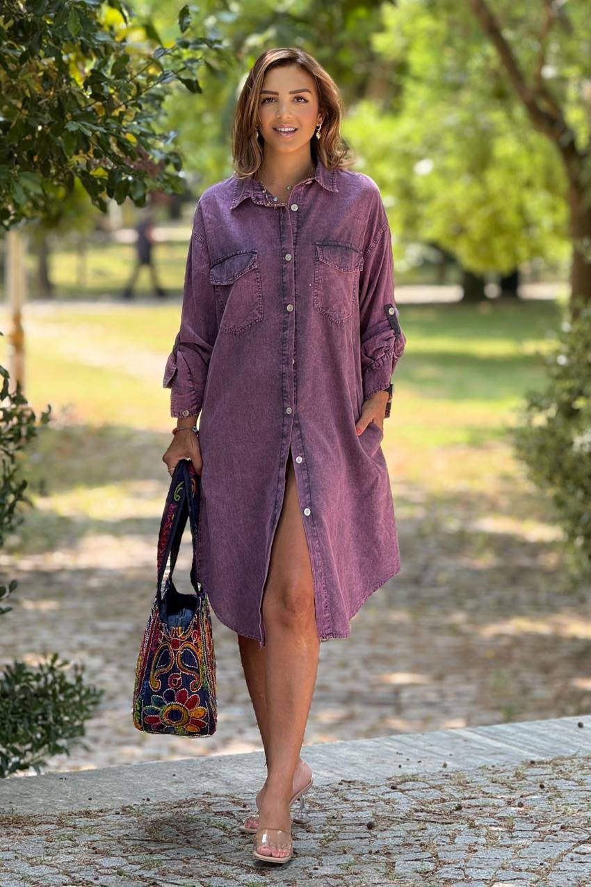 Mor Renk Yazlık Tiril Tiril İnce Kot Elbise