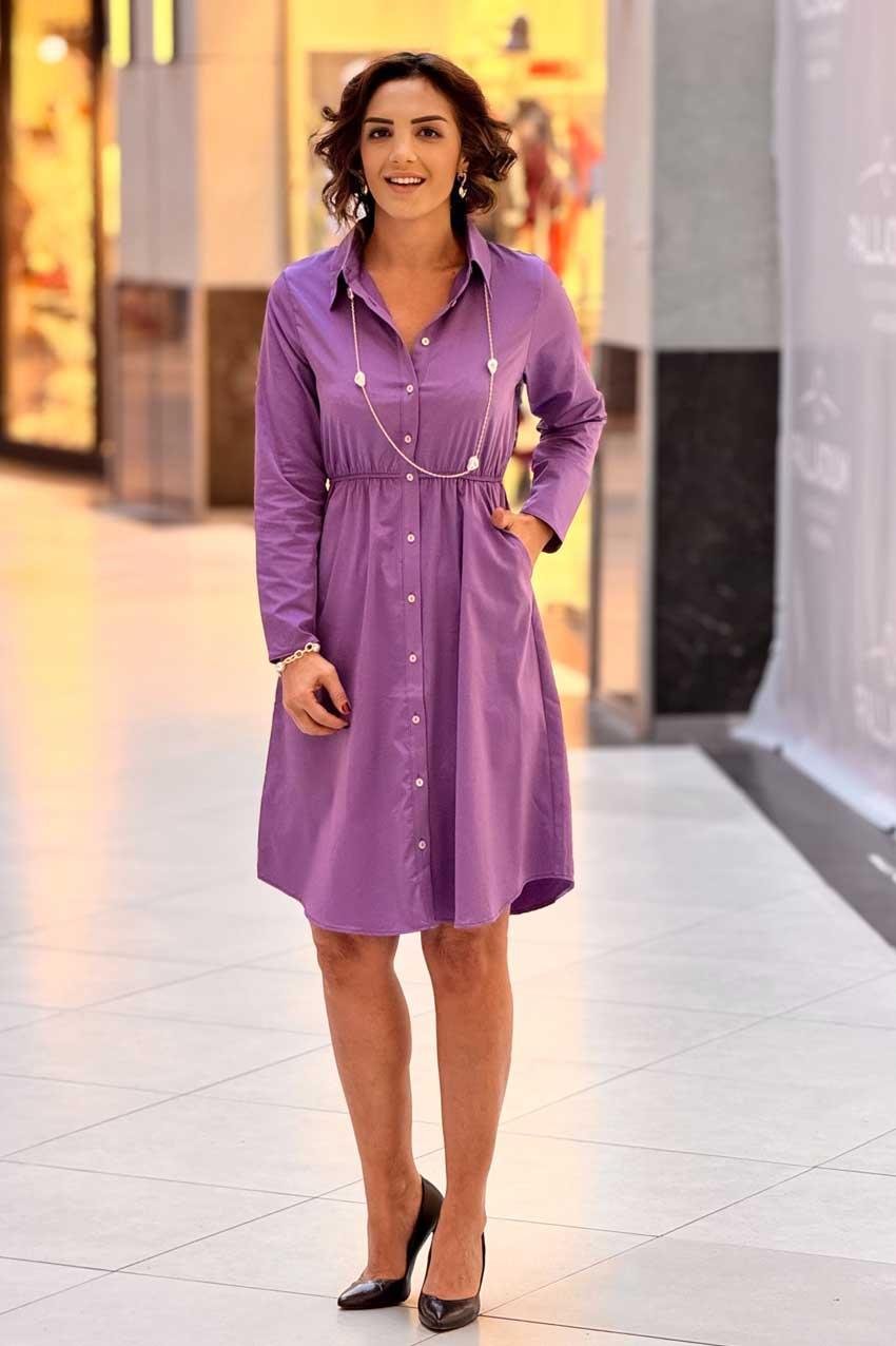 Mor Saten Gömlek Elbise