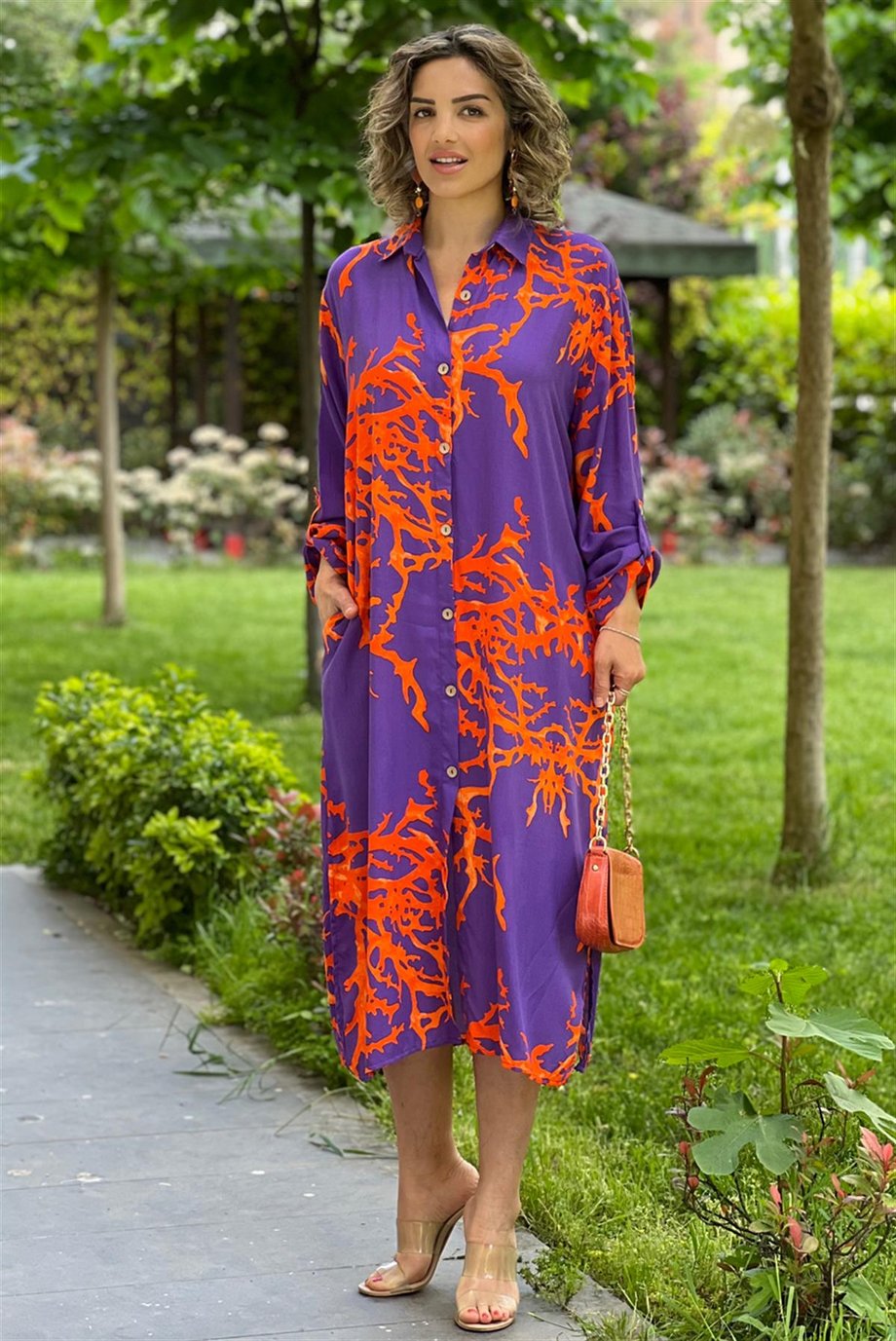 Mor Turuncu Renk Resif Desenli Viskon Elbise