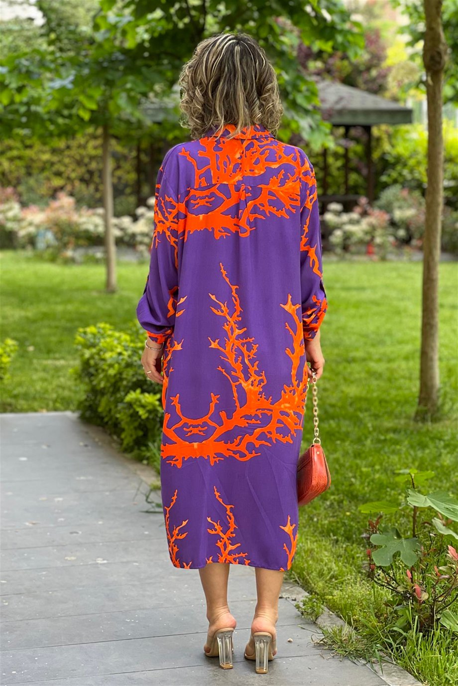 Mor Turuncu Renk Resif Desenli Viskon Elbise