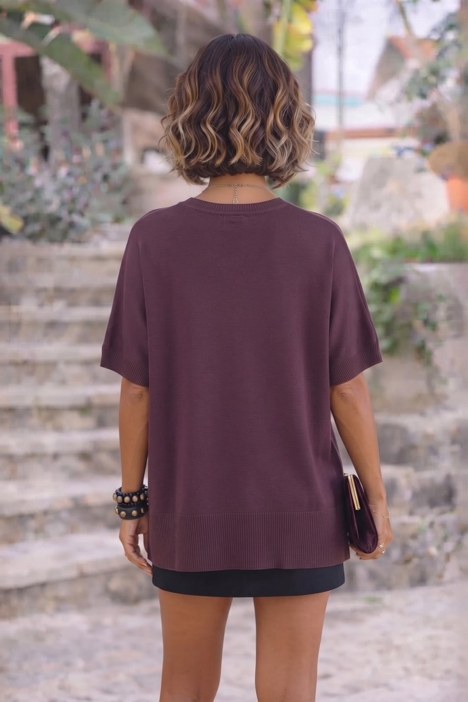 Mürdüm Renk Oversize Triko Bluz
