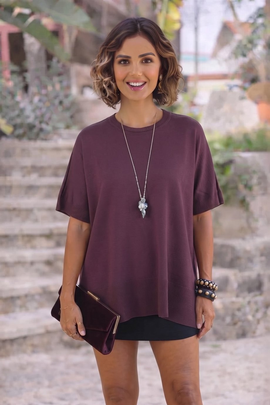 Mürdüm Renk Oversize Triko Bluz