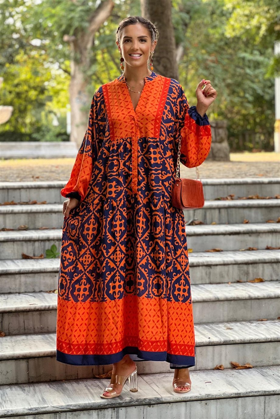 Oranj Destina Desenli Uzun Pamuklu Elbise