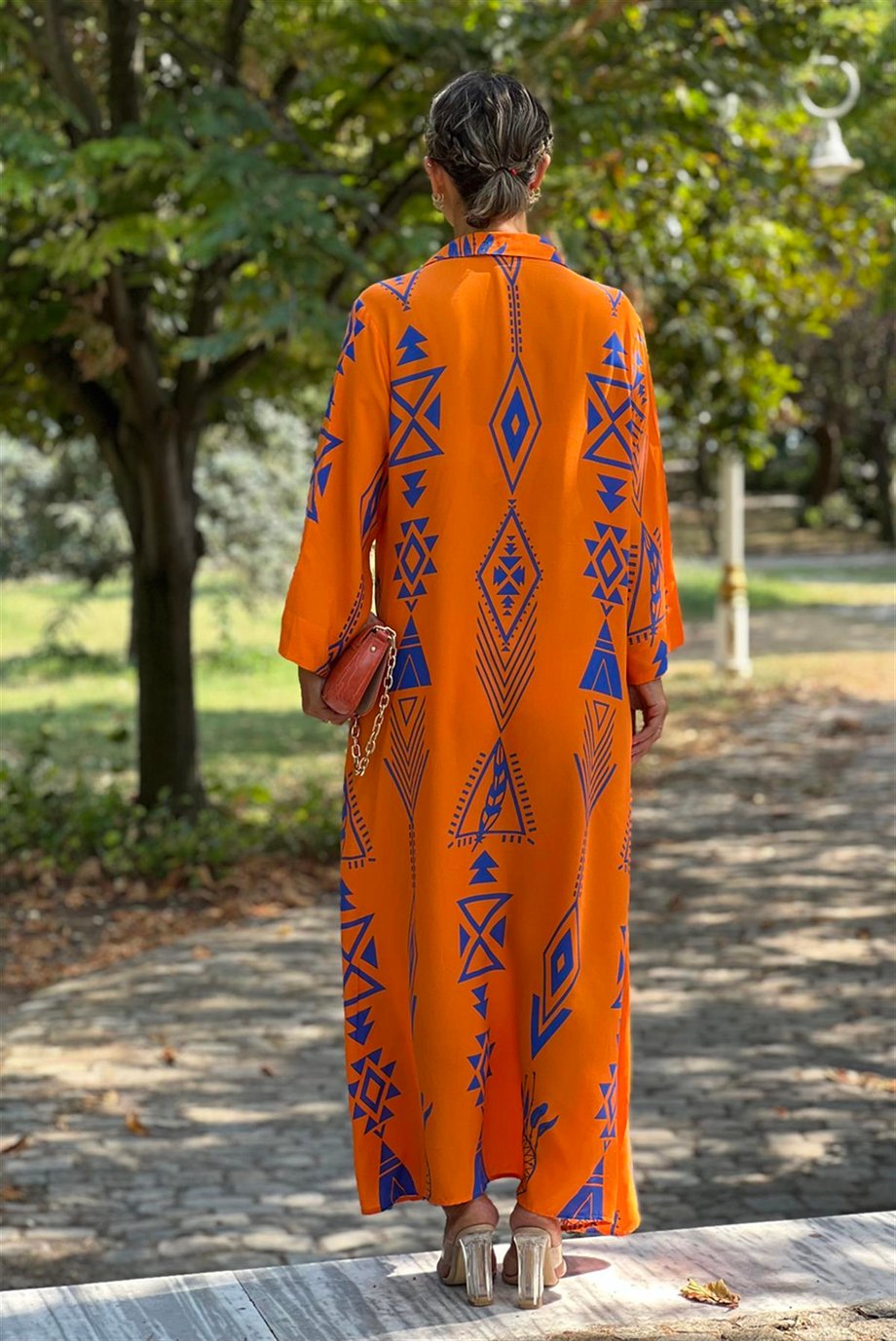 Oranj Etnik Desenli Gömlek Elbise