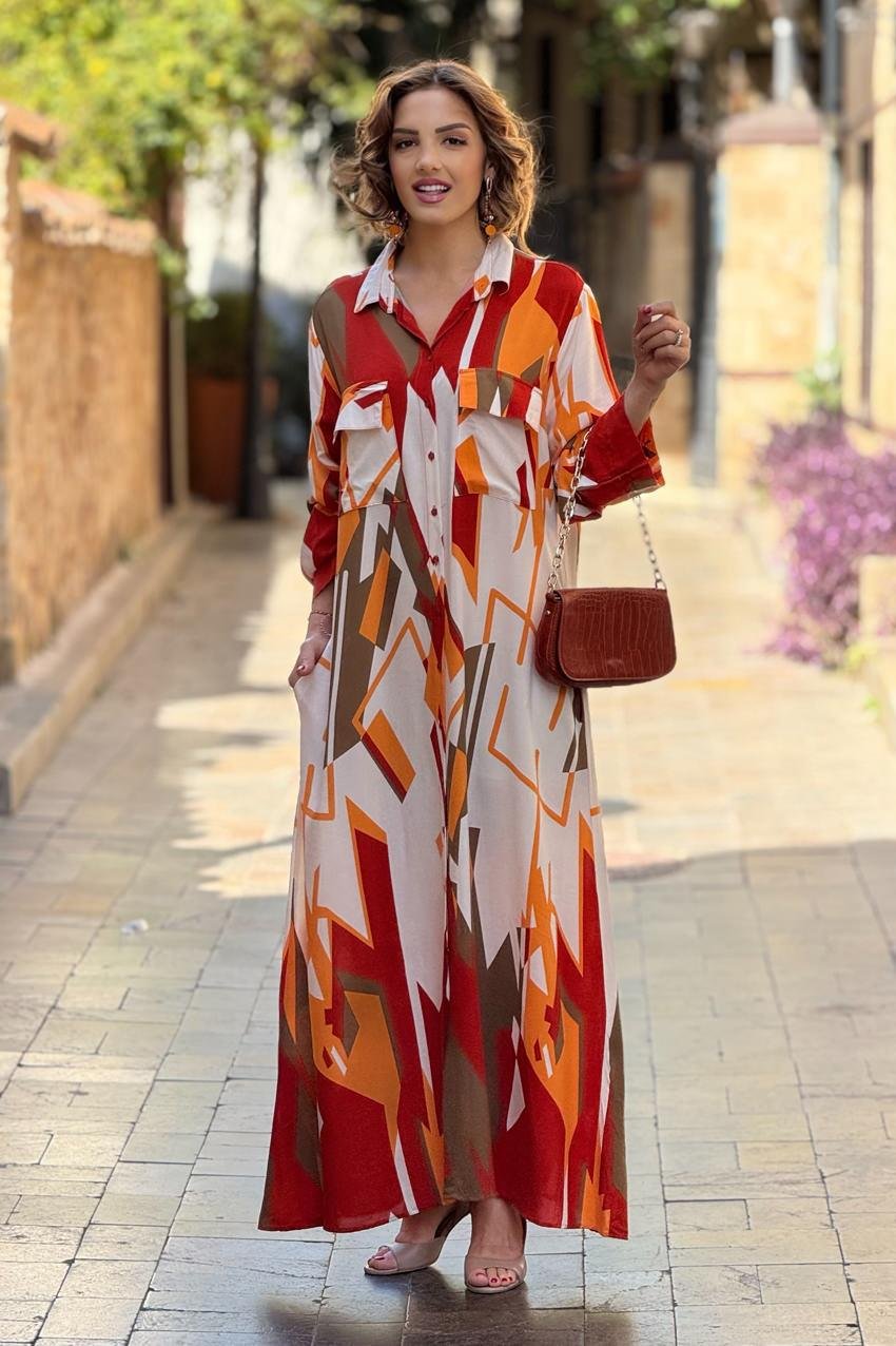 Oranj Geometrik Desenli %100 Pamuk Viskon Gömlek Elbise