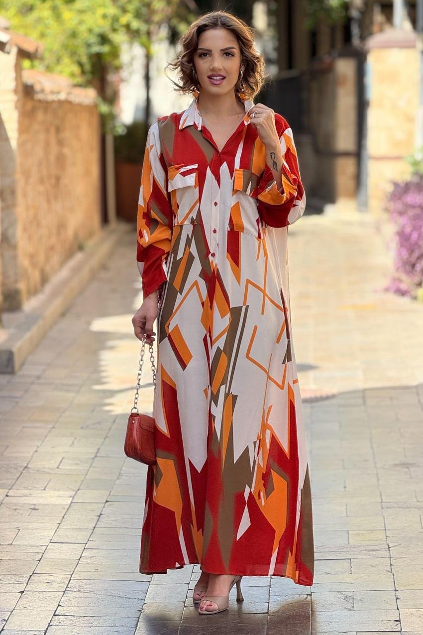 Oranj Geometrik Desenli %100 Pamuk Viskon Gömlek Elbise