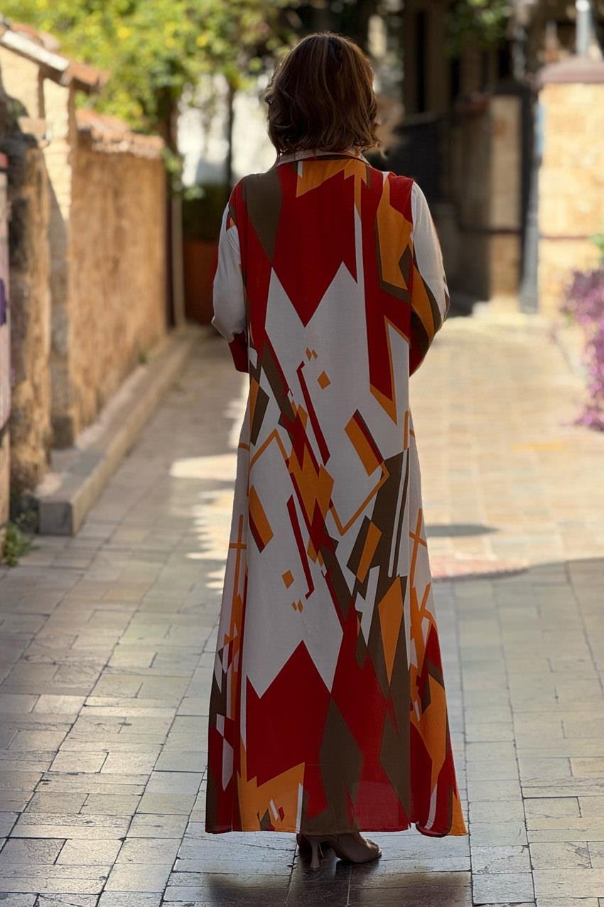 Oranj Geometrik Desenli %100 Pamuk Viskon Gömlek Elbise