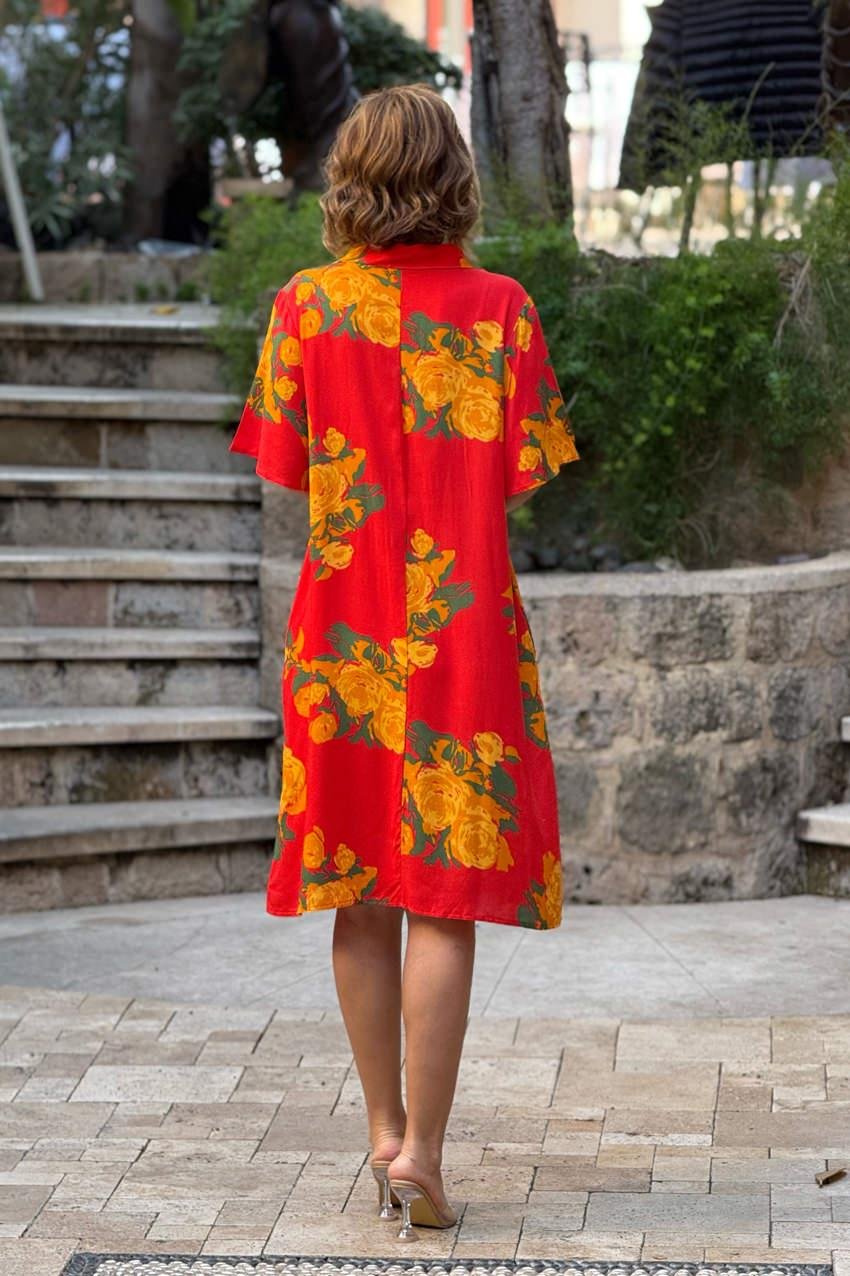 Oranj Gül Desen Gömlek Yaka %100 Pamuk Viskon Elbise