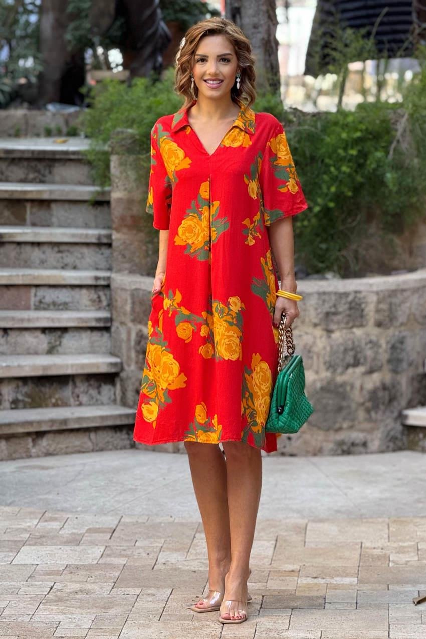 Oranj Gül Desen Gömlek Yaka %100 Pamuk Viskon Elbise