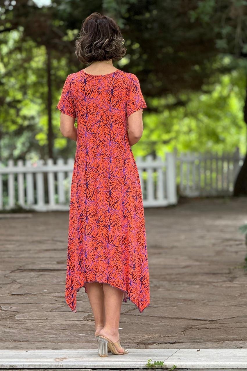 Oranj Ilgın Desenli Verev Kesim Elbise