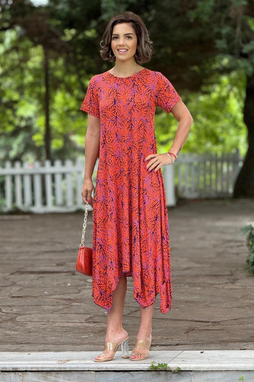 Oranj Ilgın Desenli Verev Kesim Elbise