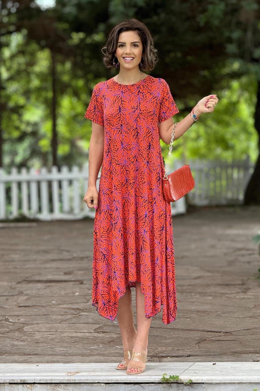 Oranj Ilgın Desenli Verev Kesim Elbise