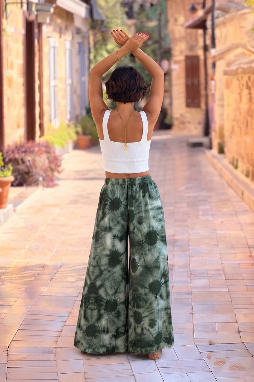 Palazzo Pantolon Haki Renk Batik Desenli
