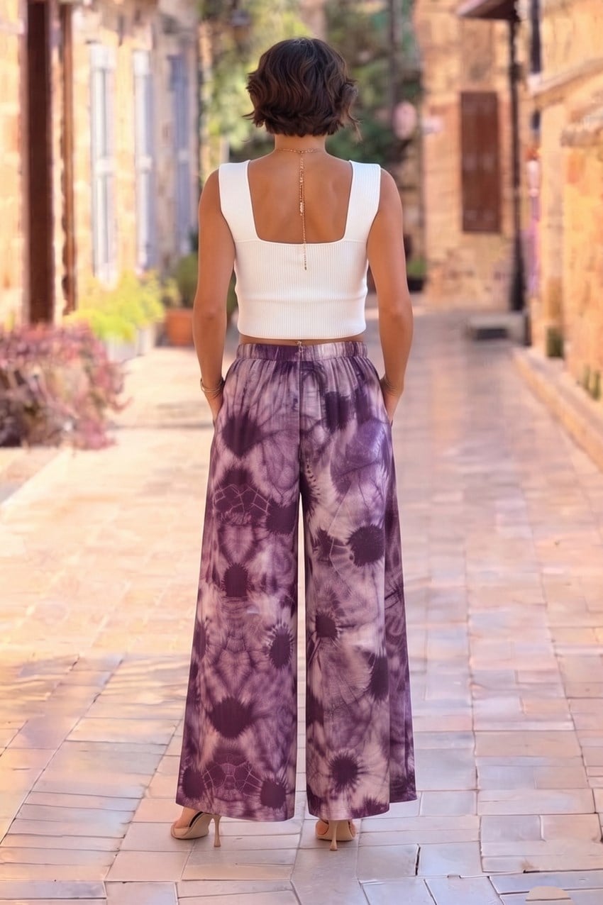 Palazzo Pantolon Mor Renk Batik Desenli