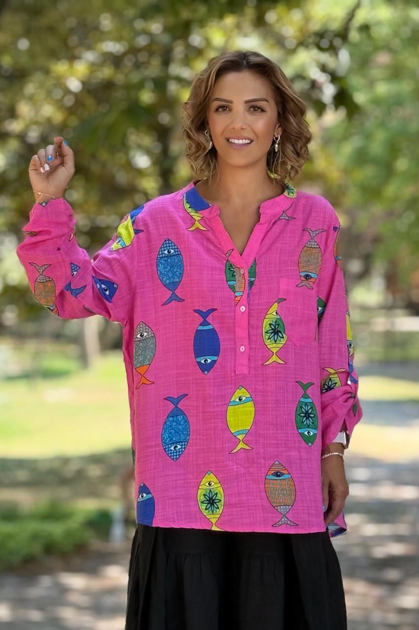 Pembe Balıklı Keten Gömlek