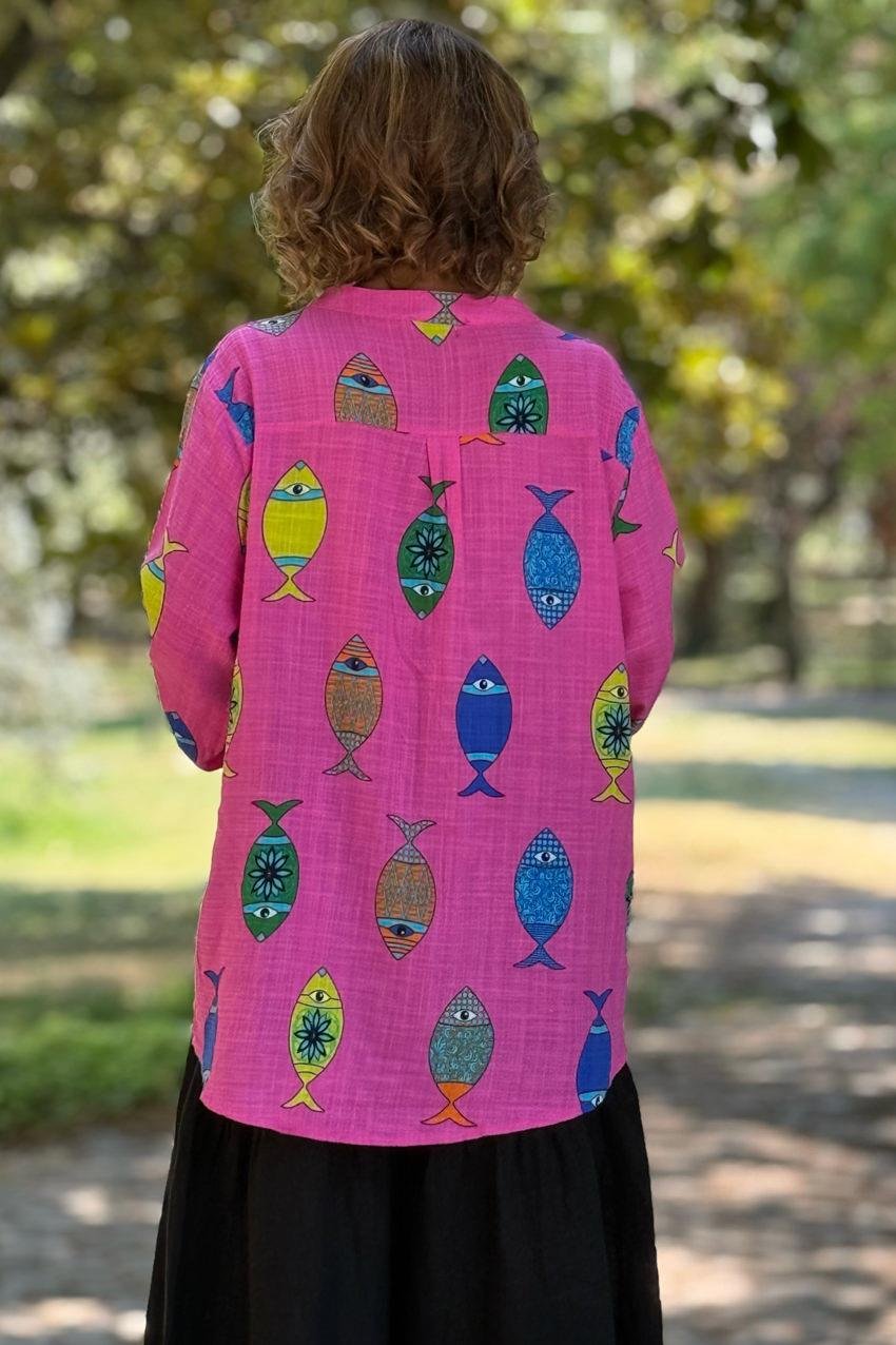 Pembe Balıklı Keten Gömlek