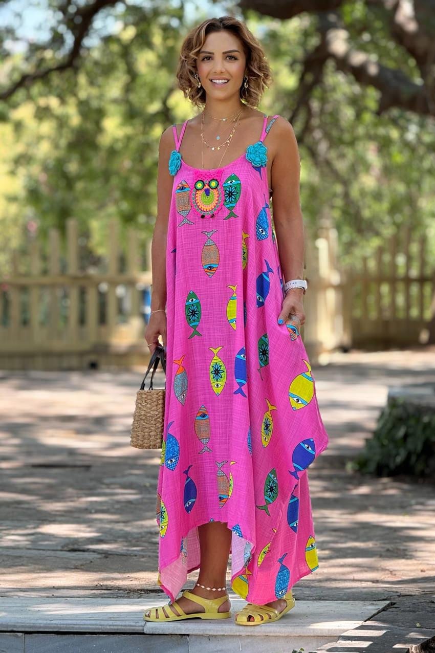 Pembe Çapraz Askılı Balıklı Freesize Yazlık Elbise