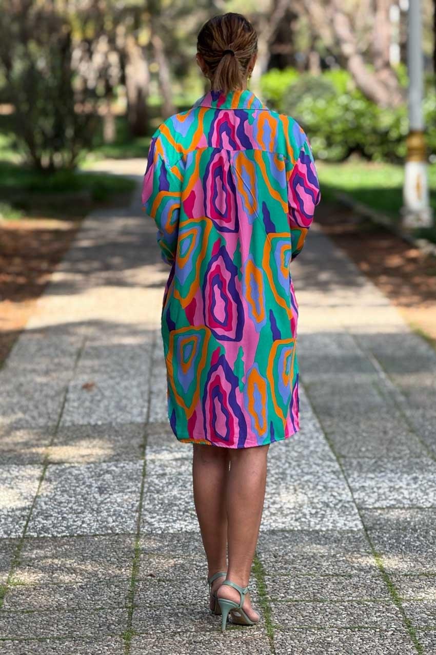 Pembe Mone Desen Midi Boy Gömlek Elbise %100 Pamuk Viskon