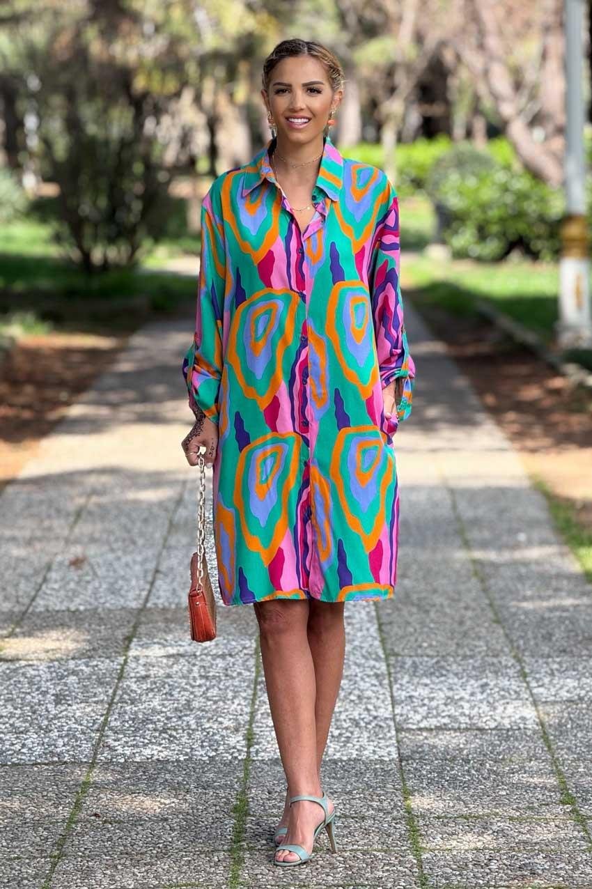 Pembe Mone Desen Midi Boy Gömlek Elbise %100 Pamuk Viskon