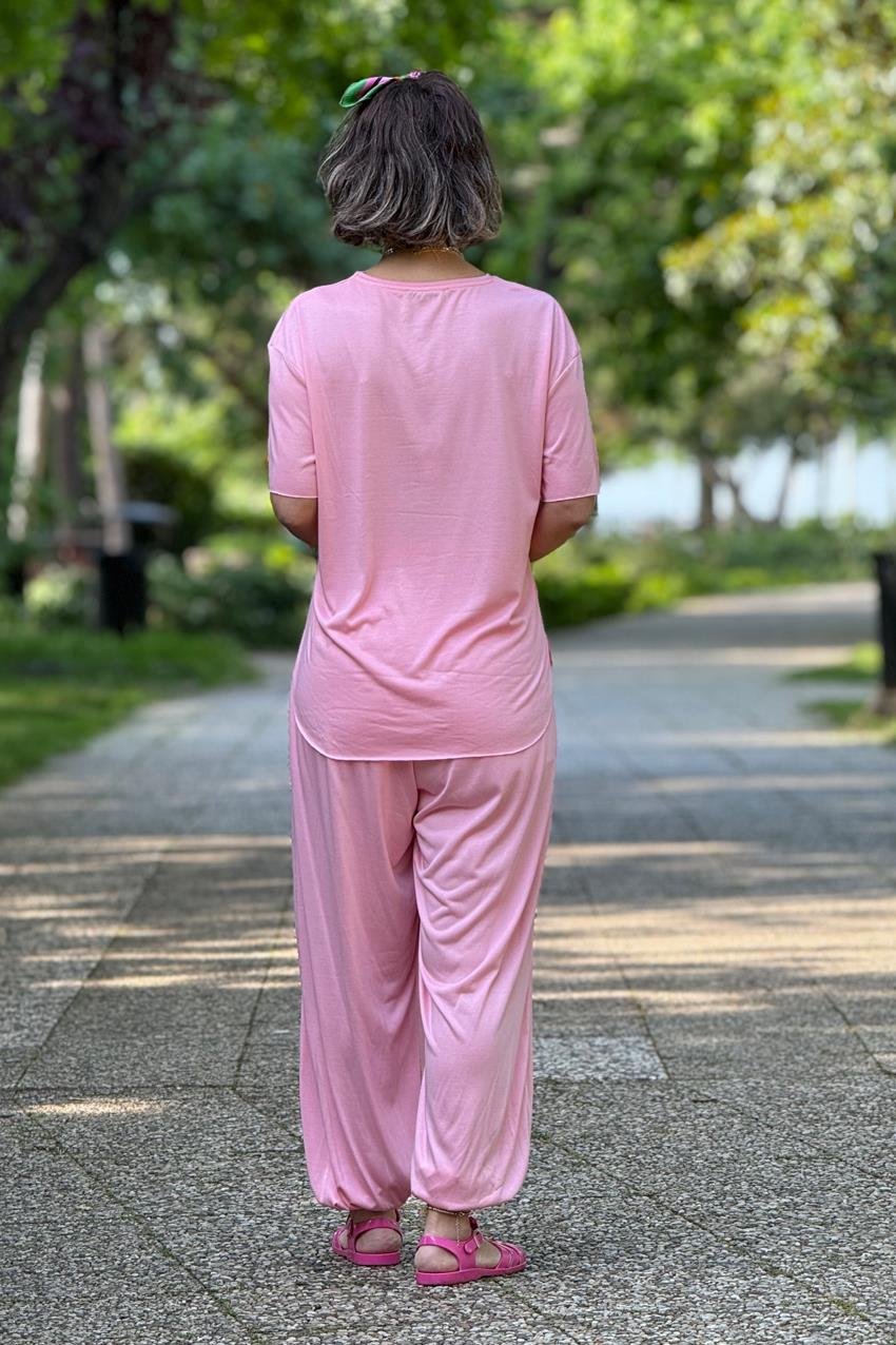 Pembe Organik Pamuk Şalvar Bluz Rahat Takım