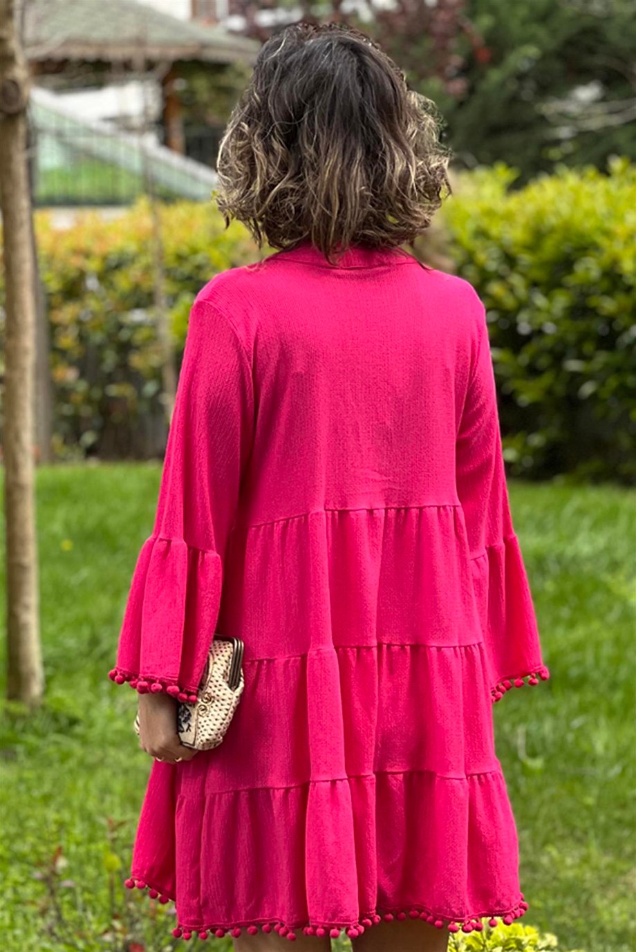 Pembe Ponponlu Midi Elbise