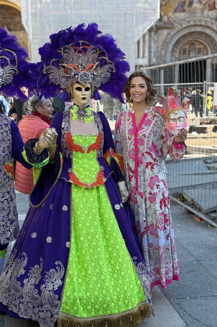 Pembe Renk Portofino Desen Uzun Elbise