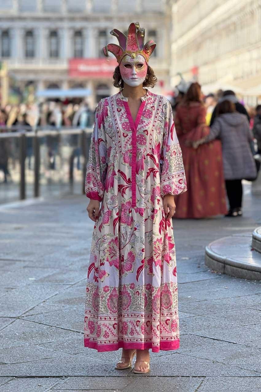 Pembe Renk Portofino Desen Uzun Elbise