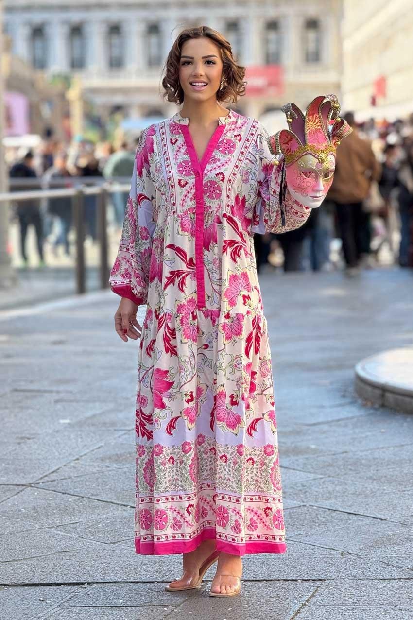 Pembe Renk Portofino Desen Uzun Elbise