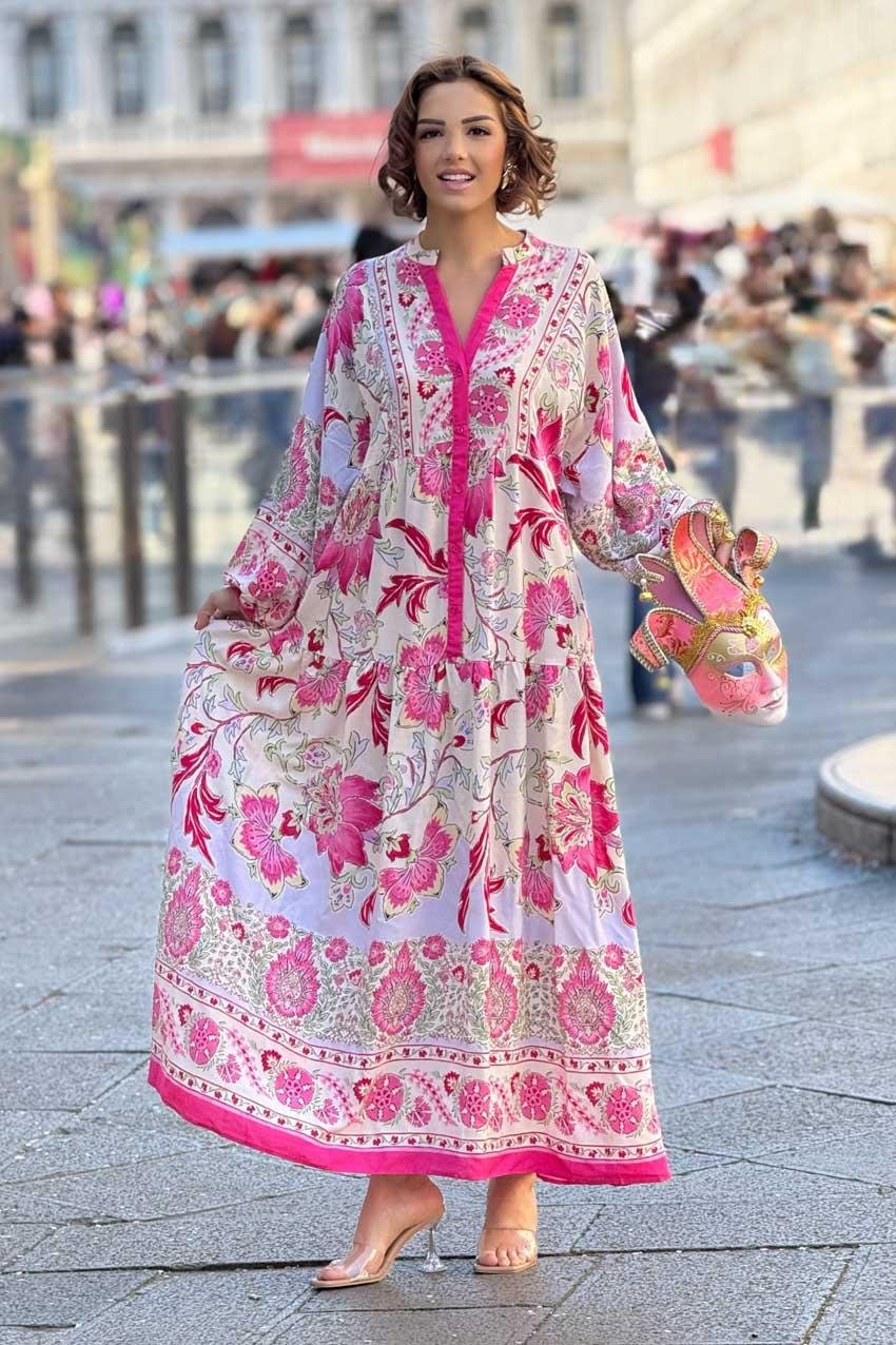 Pembe Renk Portofino Desen Uzun Elbise