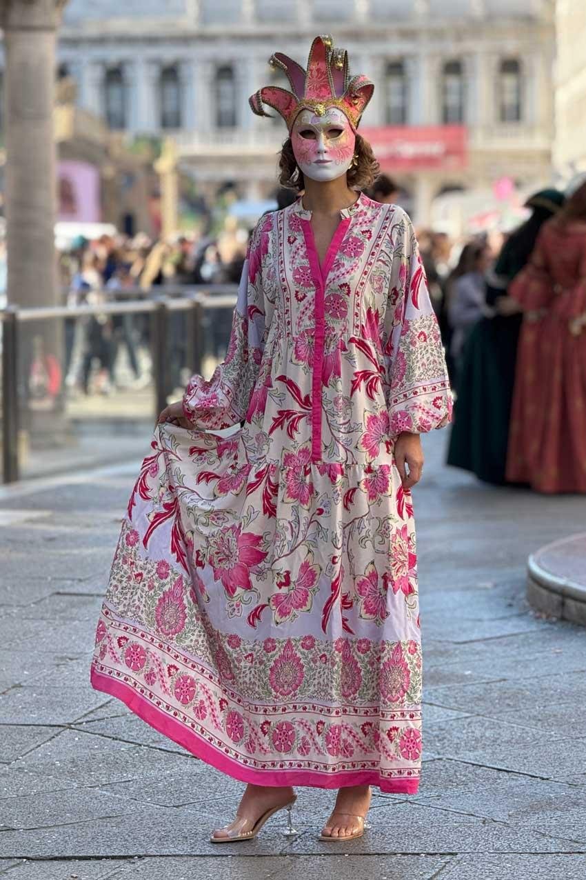 Pembe Renk Portofino Desen Uzun Elbise