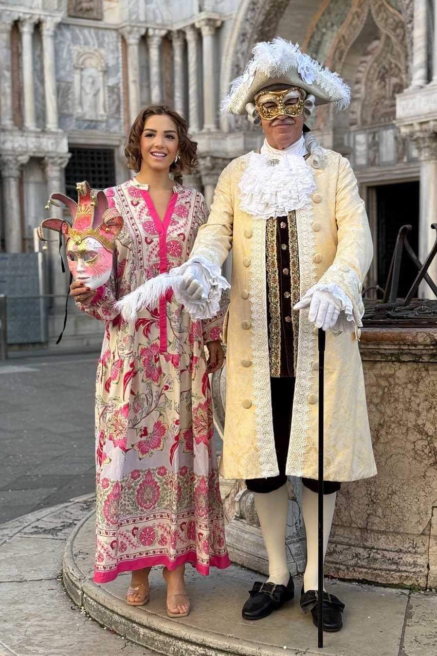 Pembe Renk Portofino Desen Uzun Elbise