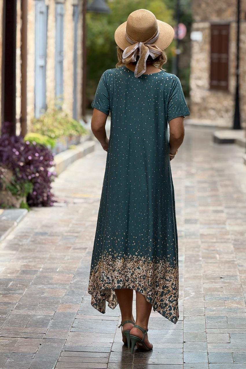 Petrol Etekleri Leopar Desen Verev Kesim Elbise